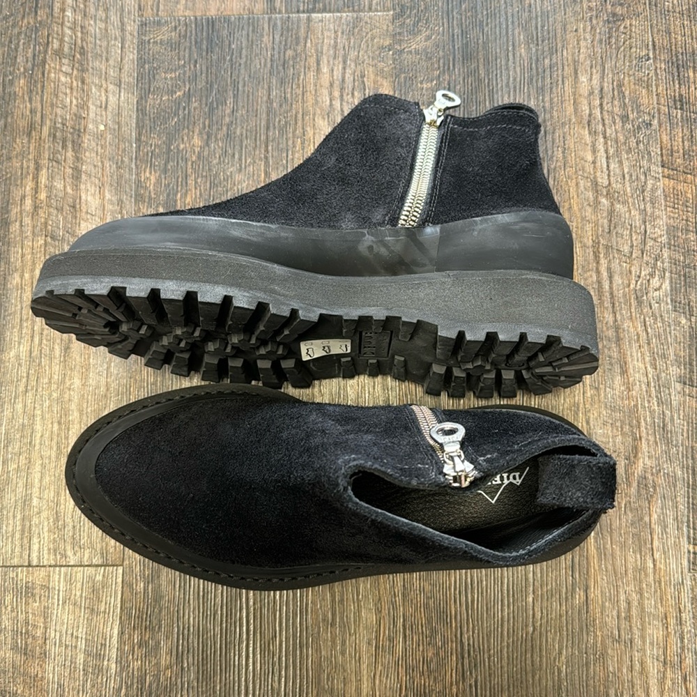 NWT black suede zip up booties with dust bag.